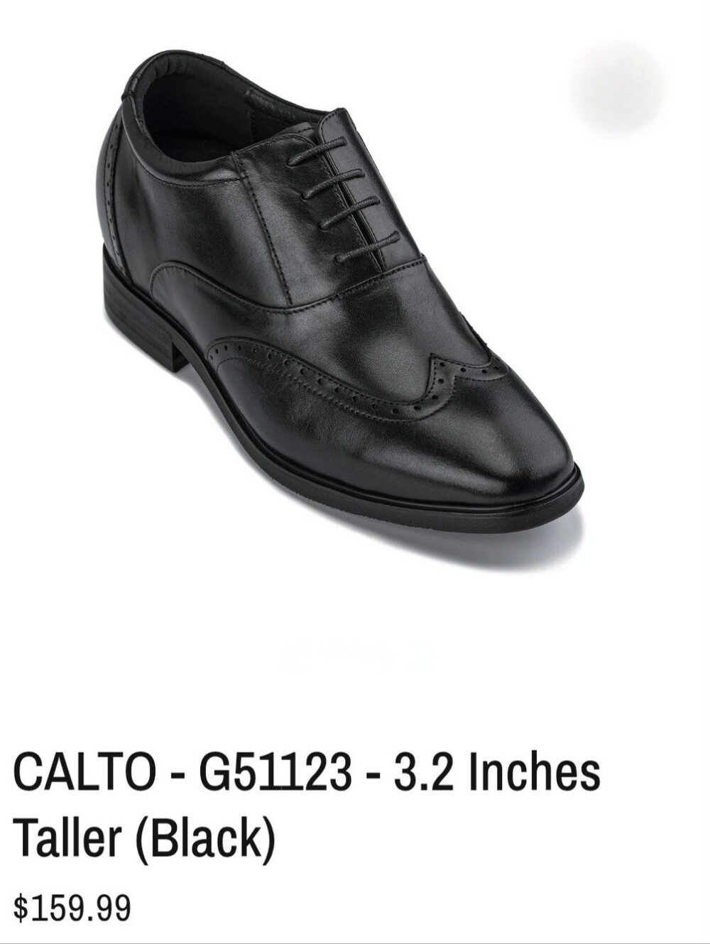 Calto Classic Black Leather Men’s Wingtip Lace-Up Shoes Hidden Wedge Sz 10